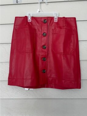 Anthropologie Maeve Red Faux Leather Button-Front Mini Skirt size M